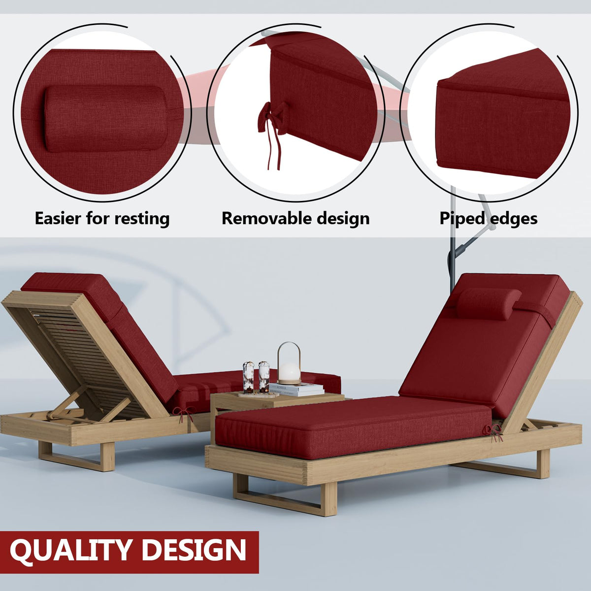 72 x 21 x 4 Inch Olefin Chaise Lounge Cushions, Lounge Chair Cushions with Headrest for Outdoor Furniture - Weather and Fade Resistant Patio Replacement Furniture Lounge Chair Cushion Set of 2