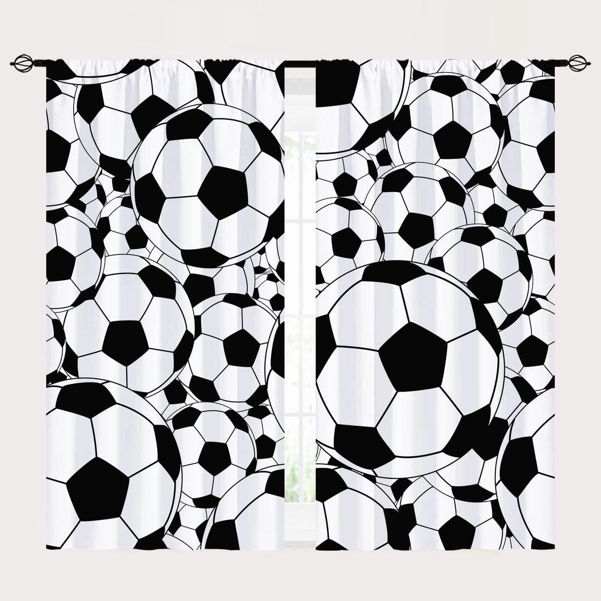 YUANZU Sport Curtains Rod Pocket Boys Kids Soccer Classical White and Black Football Balls Cartoon Print Pattern Window Drapes for Man Teen Nursery Baby Bedroom Playroom W42 x L63 Inch 2 Panels