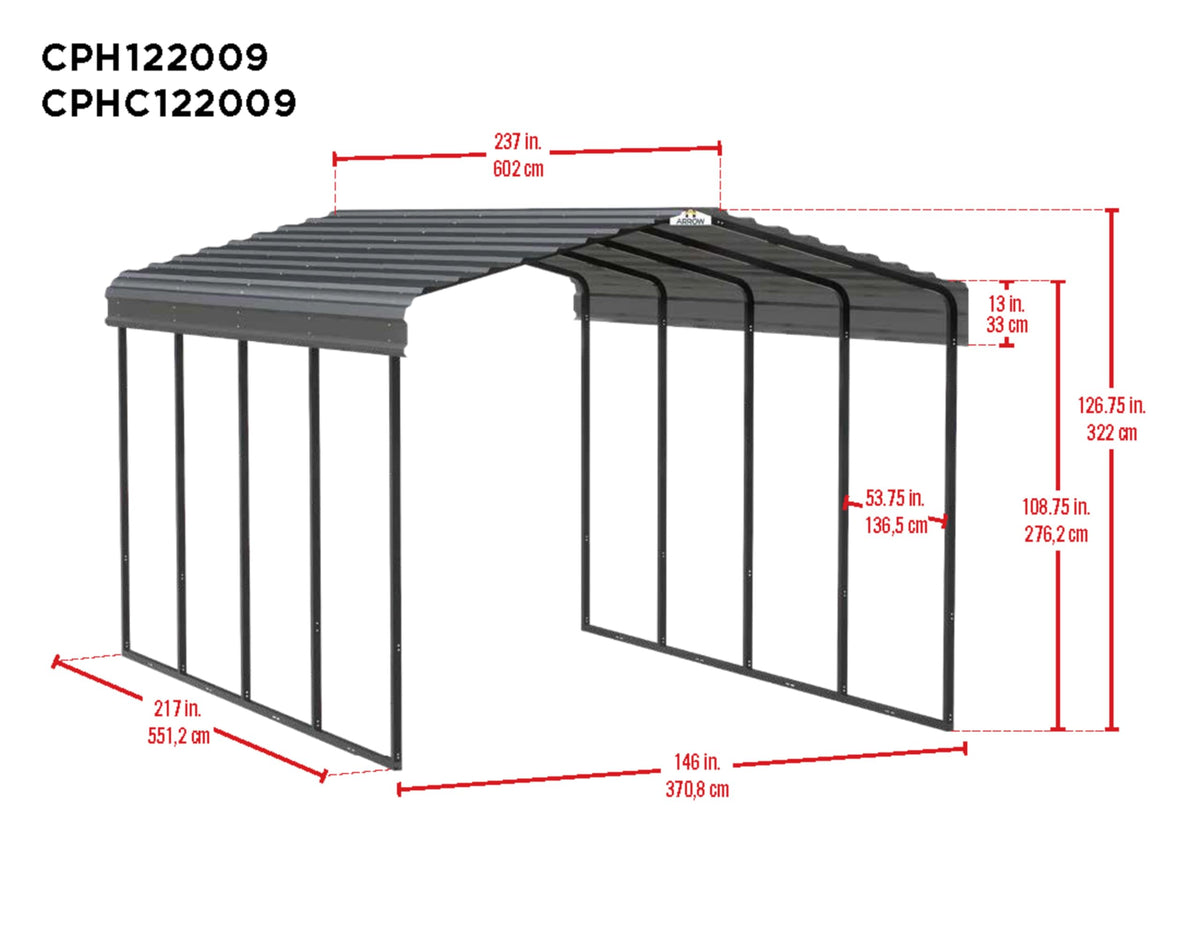 Arrow Carports Galvanized Steel Carport, Full-Size Metal Carport Kit, 12' x 20' x 9', Charcoal