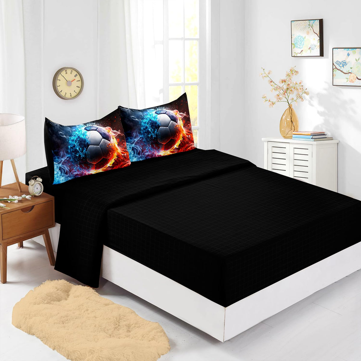 XYNHML Soccer Print Comforter 7Pcs Gaming Sport Soccer Bedding Set for Kid Teen Girl Boy Adult Ball Sports Games Ice Fire Football Quilt Bed Set Twin with 2 Sheets,2 Pillowcases,2 Throw Pillow Covers
