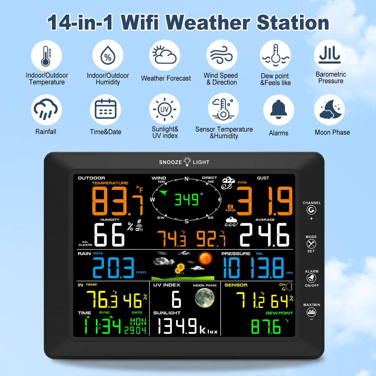 Urageuxy 14-in-1 Wi-Fi Weather Station, 8.07" Color Display, Weather Stations with Rain Gauge, Wind Speed/Direction, Temperature, Humidity, Barometer, UV, Forecast for Home, Garden, and Backyard