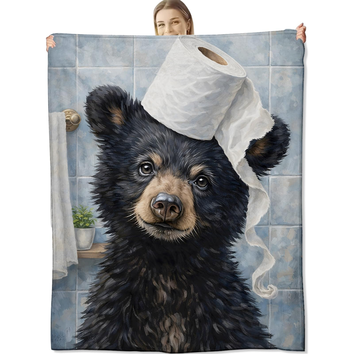 cromcu Funny Bear Flannel Throw Blanket, 50x60in, Soft Warm Cozy Blankets with Adorable Bear and Toilet Paper, Humorous Gifts for Men Women Animal Lovers, Home Decor Dorm Office Travel Camping