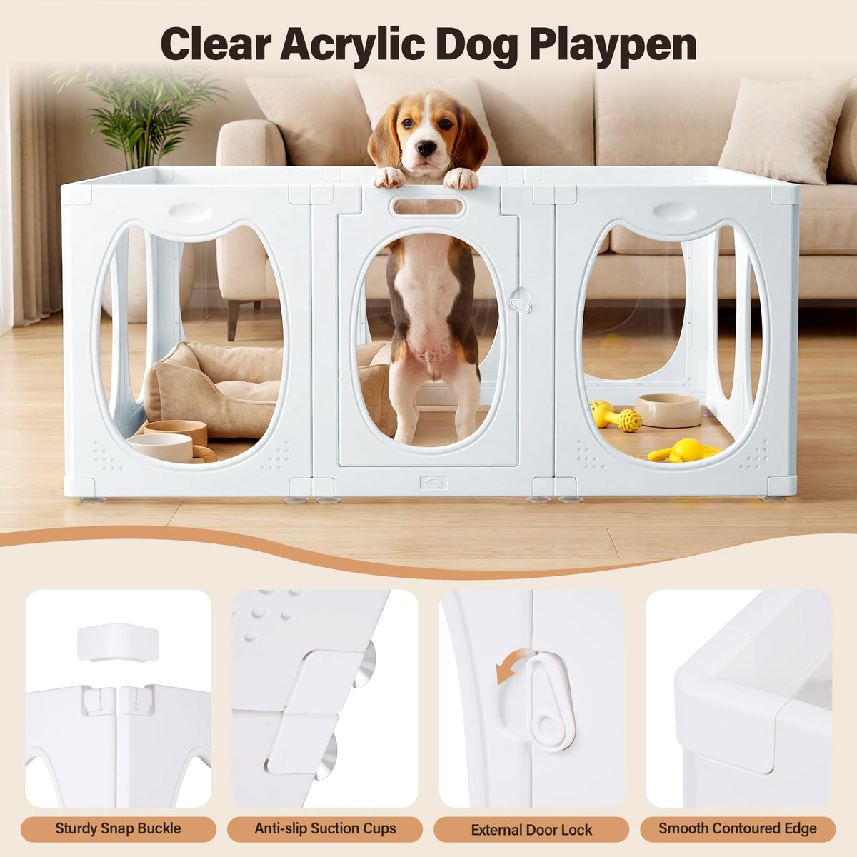 Homgava Clear PET Dog Playpen Indoor, 10-Panel Heavy-Duty Transparent Puppy Playpen, Modular Pet Fence Enclosure for Small Medium Dogs, Easy to Assemble (White,24 Inch H, 10 Panels)