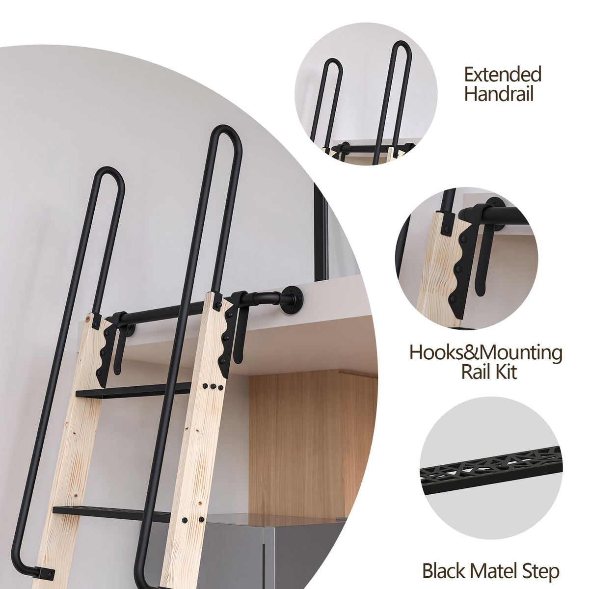 LKCBITION 72inch Knotty Pine Wood Library Ladder with Black Metal Step and Handle, Includes 24inch Rustic Black Wall Mount Pipe Railing with Hooks(Suitable Installation Height 70-5/8")