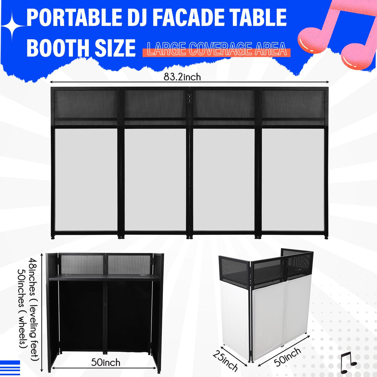 Portable DJ Facade Booth, Foldable DJ Table Station With White & Black Lighting Scrim,50"L x48" Hx 25"W DJ Stand Booth,With Adjustable DJ Event Facade Feet for Party, Black Metal Frame (52x 43.2 x 26)