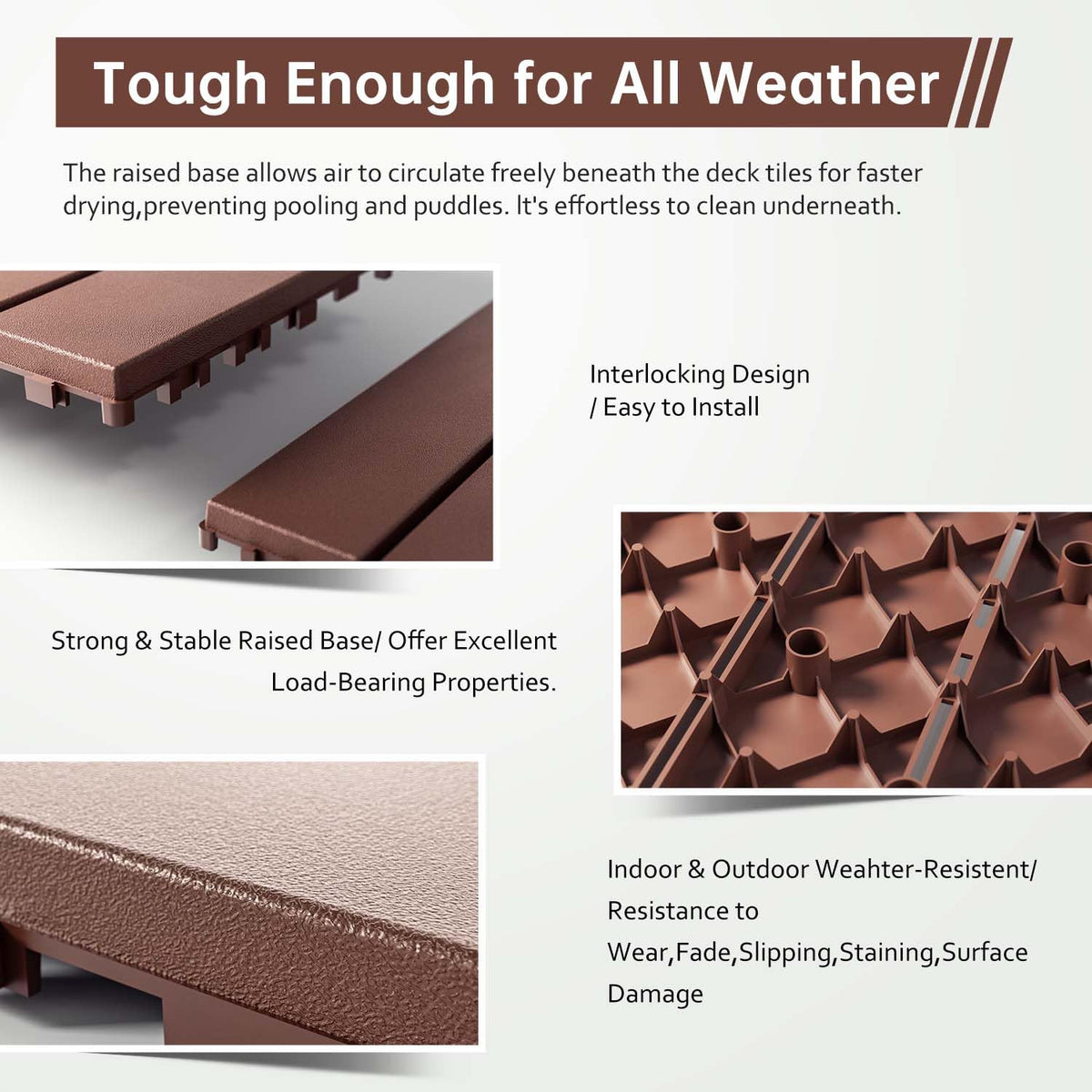 EchoDeck Interlocking Deck Tiles,54 Pack Deck Tiles Interlocking Outdoor All Weather,Patio Deck Tiles,12"x12",Woodgrain,Sturdy Base,Highly Durable,Stylish,Non-Slip,Faster-Drying,Efficient,Brown