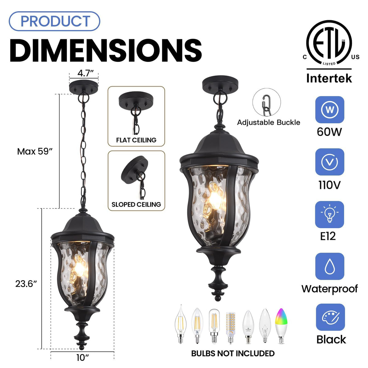 Smeike Large Outdoor Pendant Light Fixtures, 23.6'' Exterior Hanging Lantern Porch Light Adjustable, Black Hanging Lamp Farmhouse Exterior Chandelier Ceiling Mount for Entrance Patio