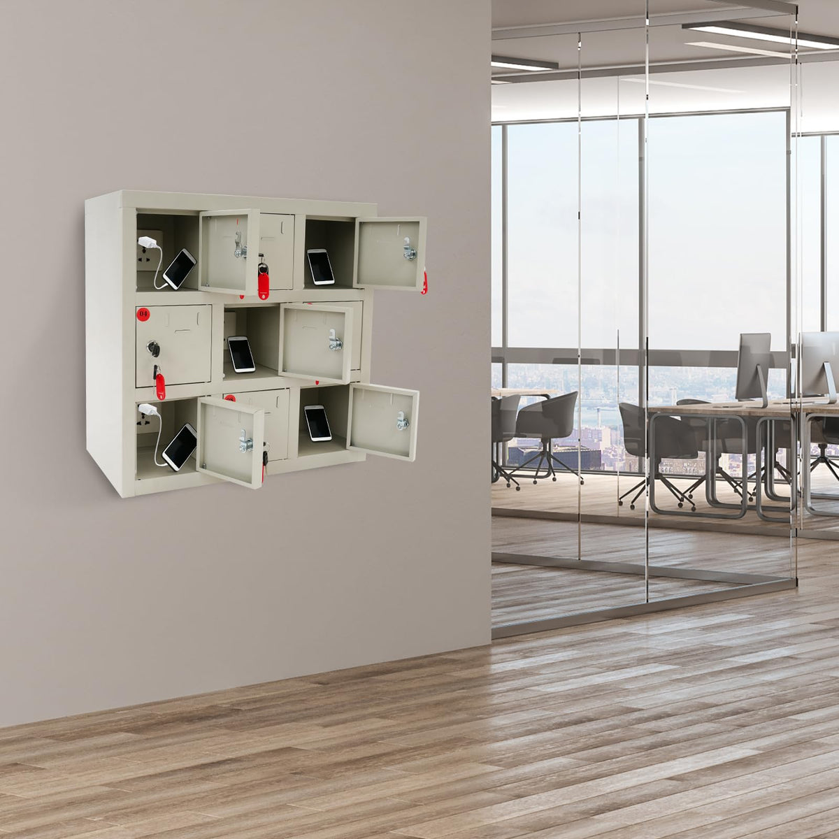 QUEWATSA 9 Slots Cell Phone Locker, Cell Mobile Phone Steel Locker, Cell Phone Locker with Charging Station, Rechargeable Mobile Phone Storage Cabinet with Individual Charging Outlets