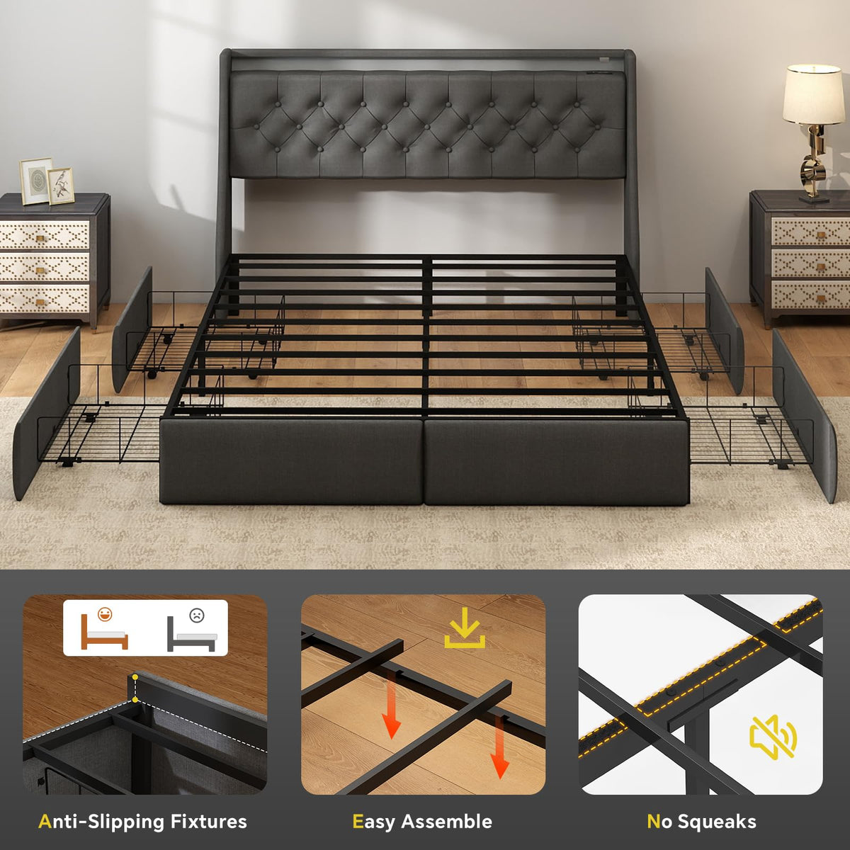 SADENICEL Full Size Bed Frame with Storage Headboard and 4 Drawer, Metal Full Bed Frame Platform with LED Light, Charging Station, No Box Spring Needed, Noise Free, Easy Assembly, Grey