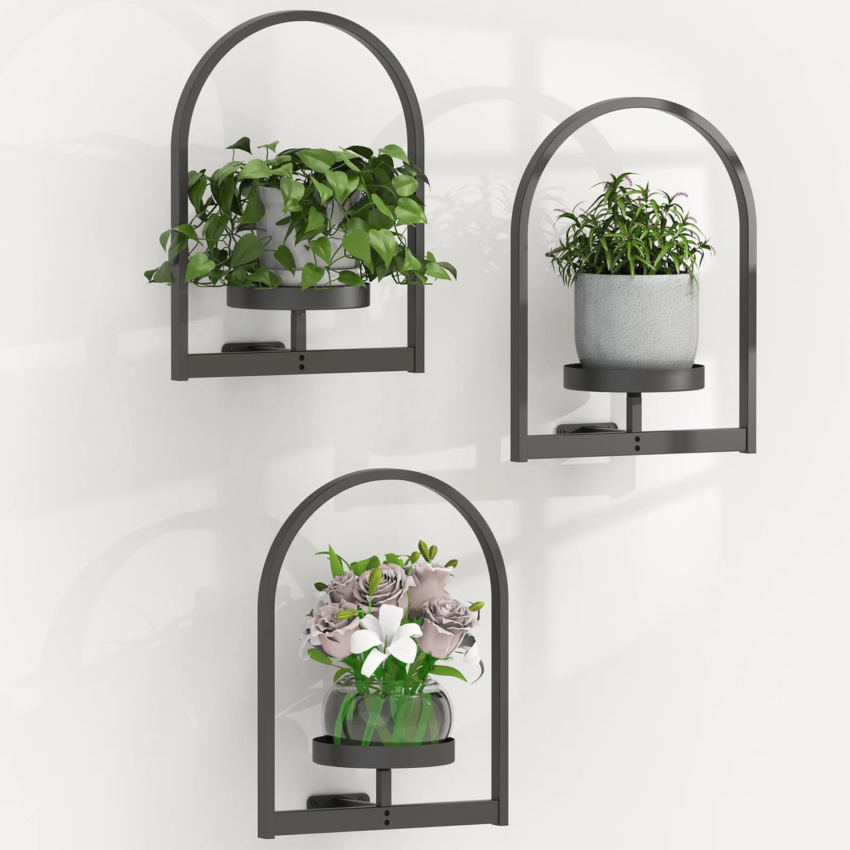 SSNEWOG Window Plant Shelves Indoor, 3 Pack Metal Wall Mounted Plant Holder, Minimalist Style Hanging Plant Shelves, Space Saving Design Black Plant Stand For Multiple Plants