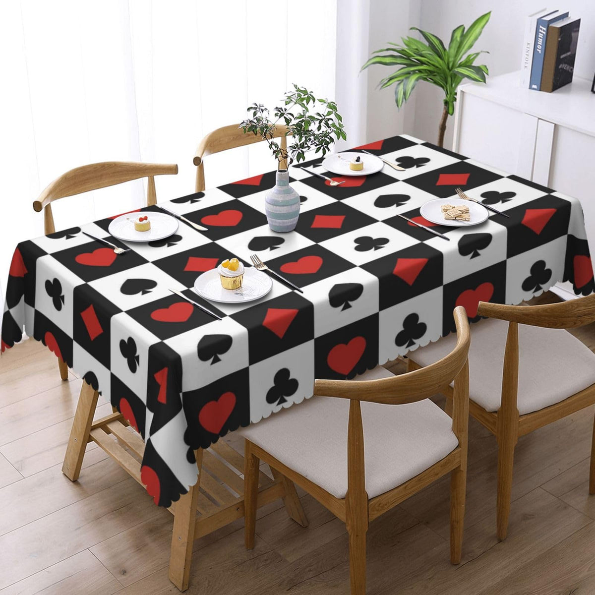 GOUROISE Playing Cards Rectangular Tablecloth, Card Pattern 54x72 Inch Wavy Lace Border Polyester Table Cloth for Dining, Kitchen, Parties