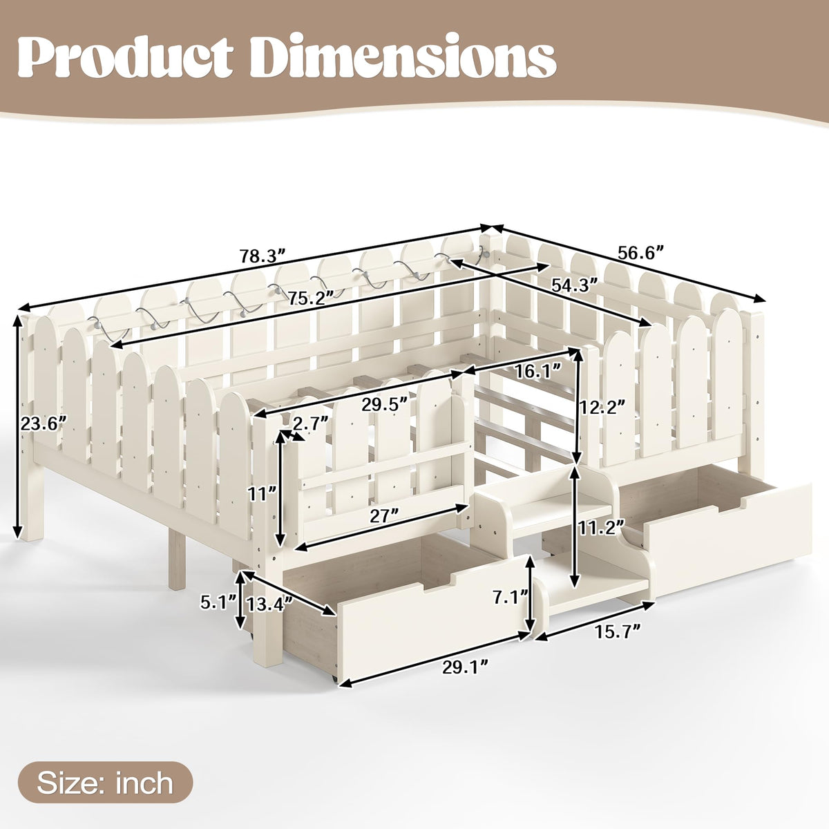 Bellemave Full Kids Montessori Bed with Stairs, Bookshelf and LED Lights, Solid Wood Kids Bed Frame with Storage Drawers for Boys Girls, Low Profile,Beige