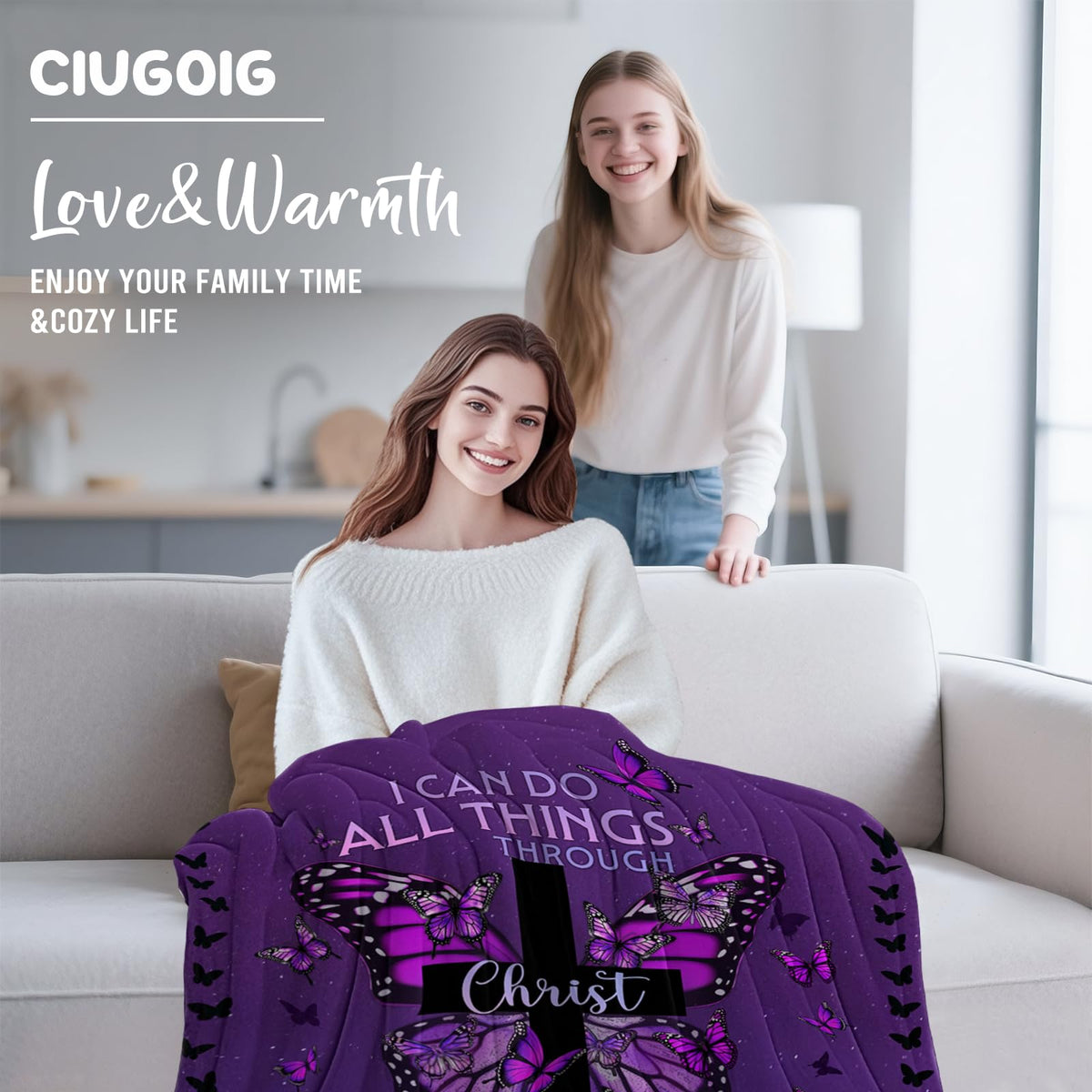 CIUGOIG Christian Gifts for Women - I Can Do All Things Christ Blanket 50"x60" - Inspirational Religious Birthday Catholic Spiritual Gifts Faith Based Gift - Purple Christian Throw, Butterfly