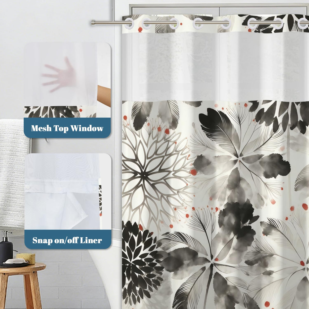 Xiazhilaio Black Floral Shower Curtain with Snap in Liner, 71x74 Inch