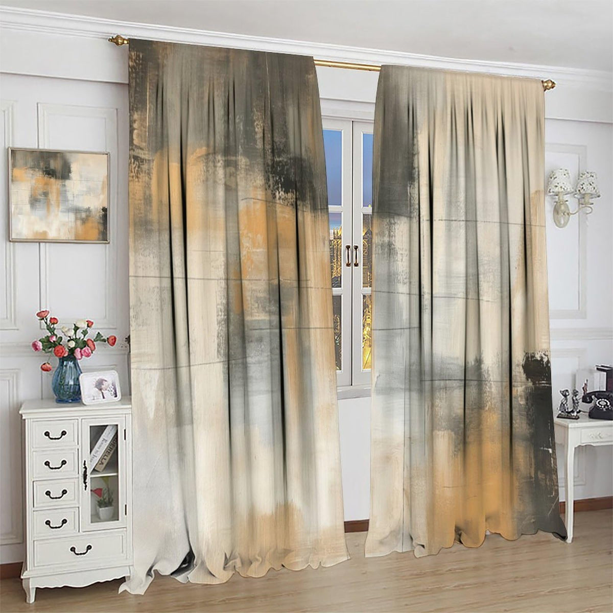 Abstract Beige Gray Taupe Curtains, Rod Pocket Black Tan Neutral Art Painting Modern Window Drapes for Living Room Bedroom, 20.5" W x 44.5" L, 2 Panels （No Blackout）