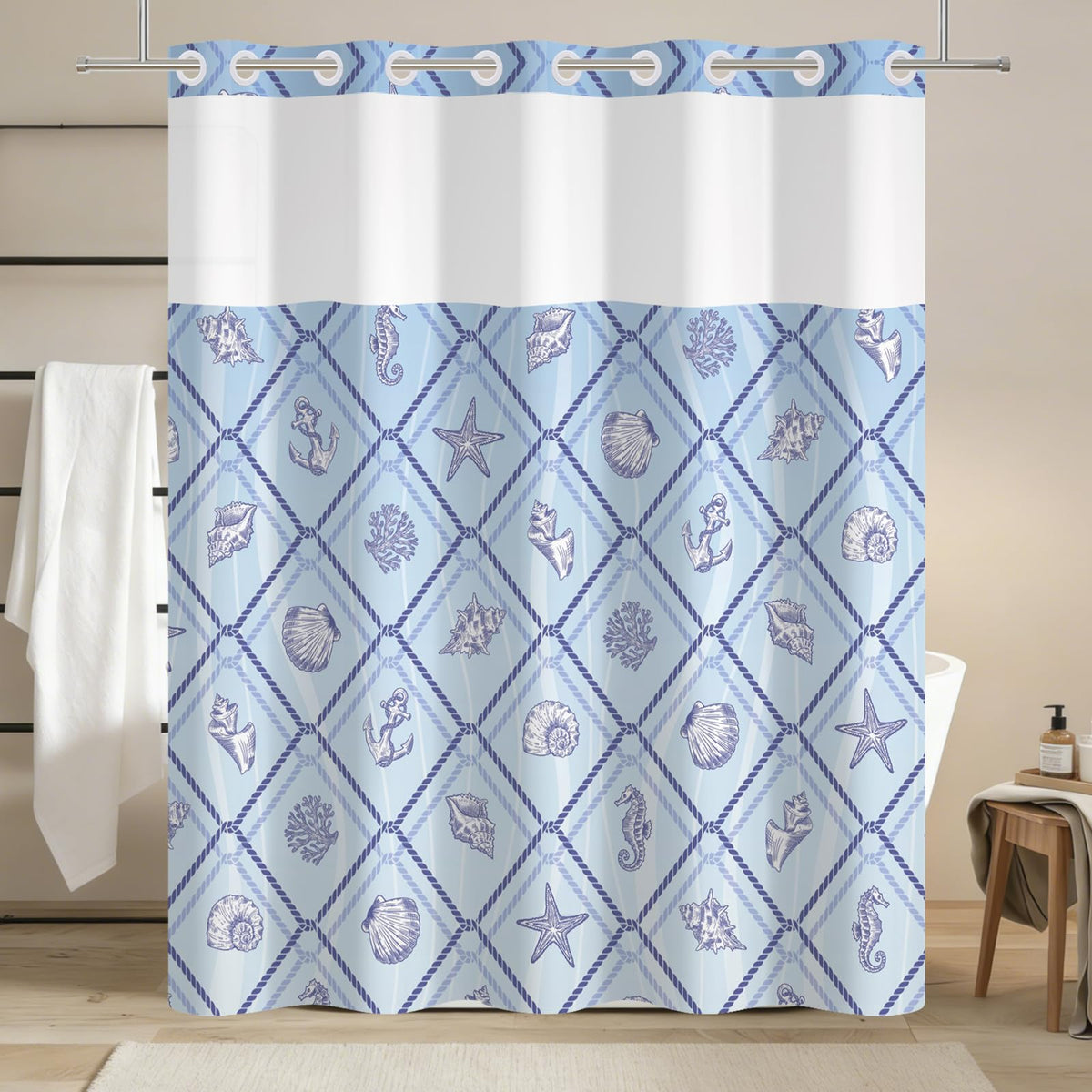 Xiazhilaio No Hook Ocean Shower Curtain with Snap in Liner 71W x 74H