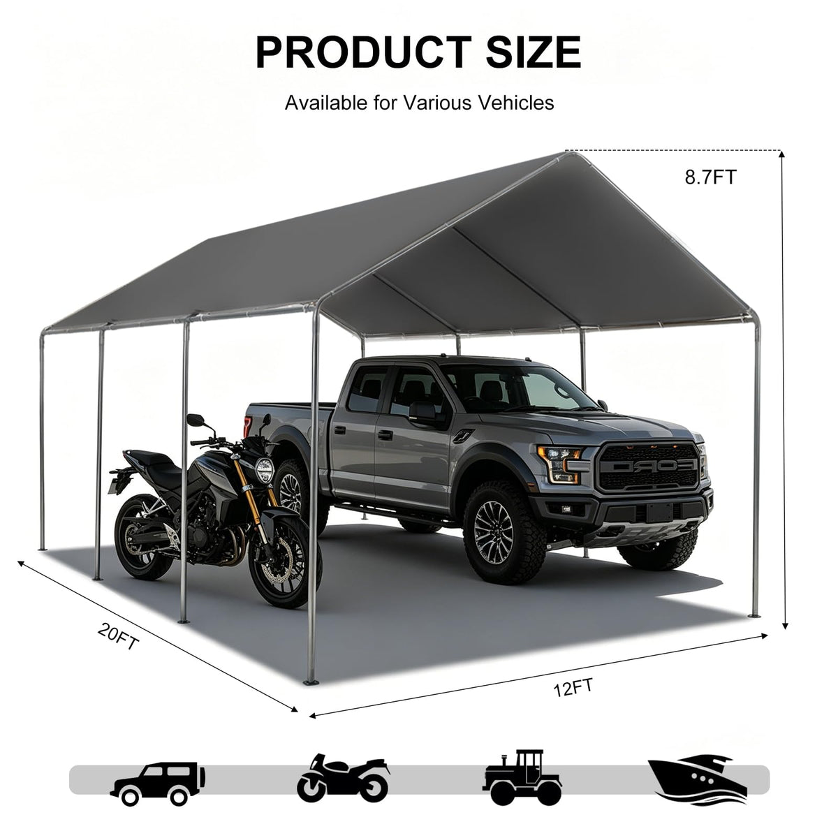Carport, 12x20 Heavy Duty Portable Garage, Car Port with Storage Shed, Car Canopy Car Tent with Steel Frame All-Season Tarp for Car, Truck, Boat, Party (Grey, 12x20ft)