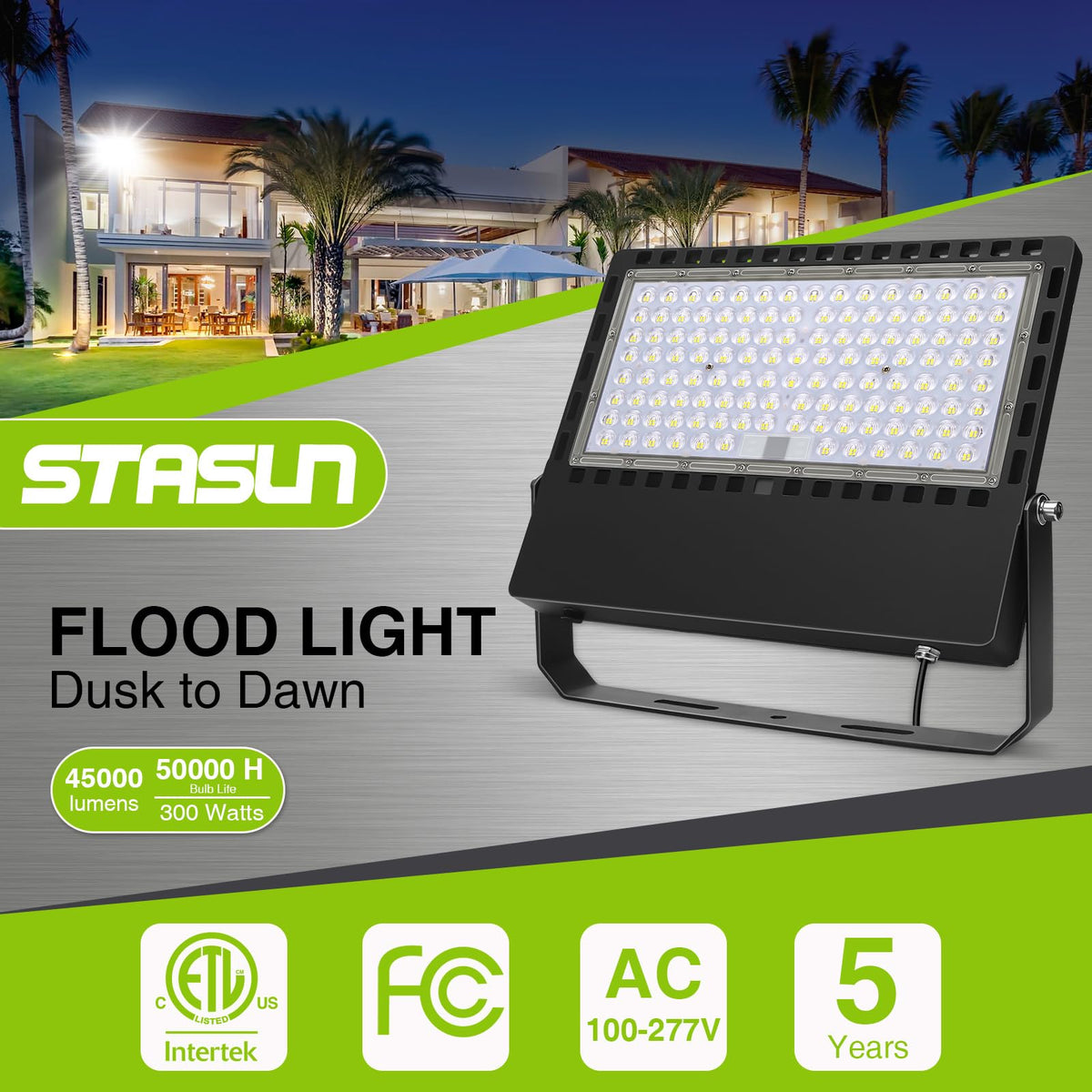 STASUN 300W 45000LM Dusk to Dawn LED Flood Light Outdoor Photocell - Flying Series Ultra, ETL Certified 5000K Daylight White, IP67 Waterproof Stadium Lights for Sports Court, Commercial, Parking Lot
