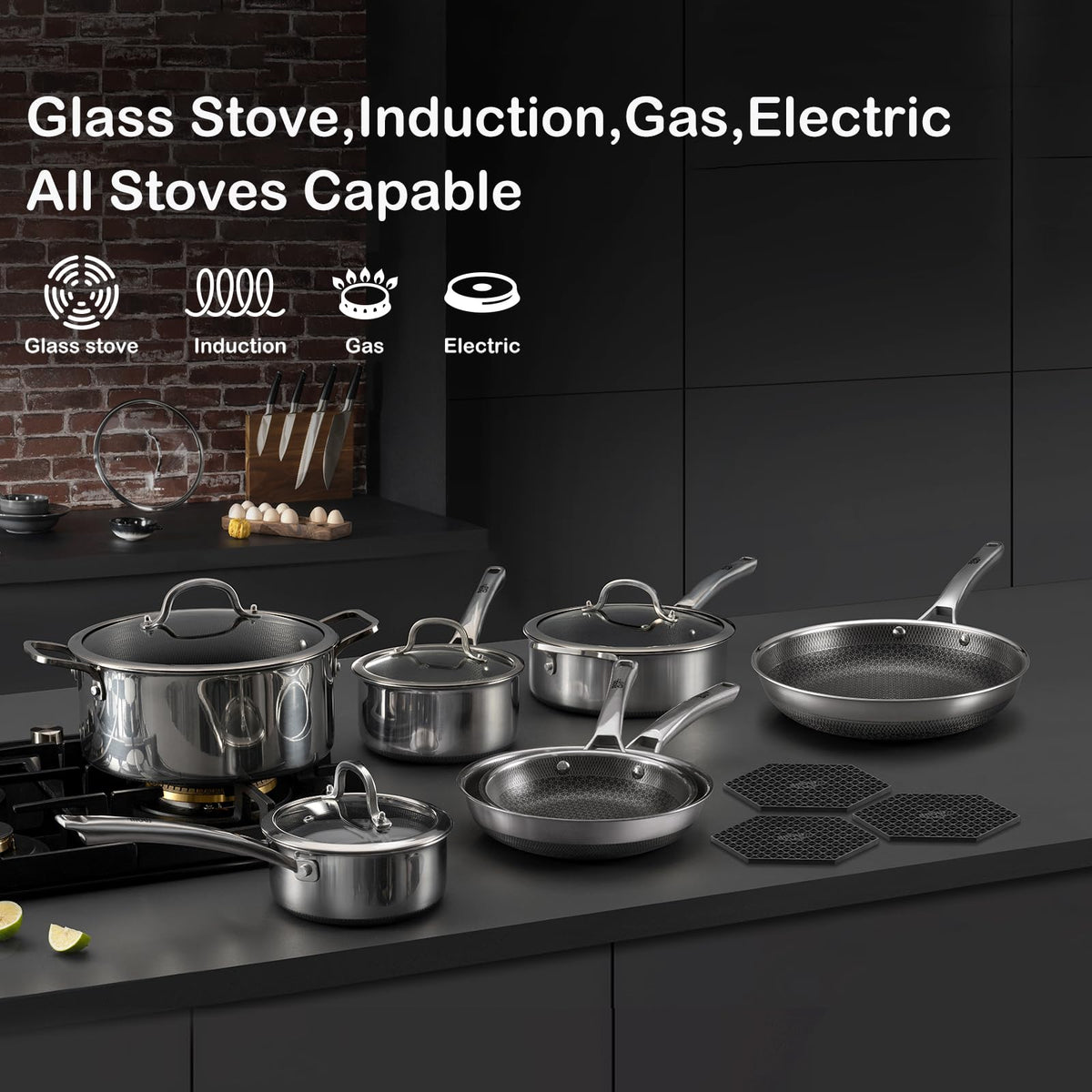 SNOWCLAD Pots and Pans Set Non Stick, 14 Pcs Hybrid Stainless Steel Cookware Sets, Non Stick Frying Pans, Saucepans, Saute Pan & Stock Pot, PFOA Free Kitchen Skillet,Induction Compatible