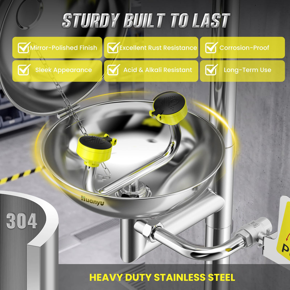Huanyu Emergency Shower and Eye Wash Station OSHA Approved Safety Shower and Eyewash Station Combination 304 Stainless Steel Stand Plumbing Eye Washing Unit with Eyewash Sign Industrial Lab (YX-Y2)