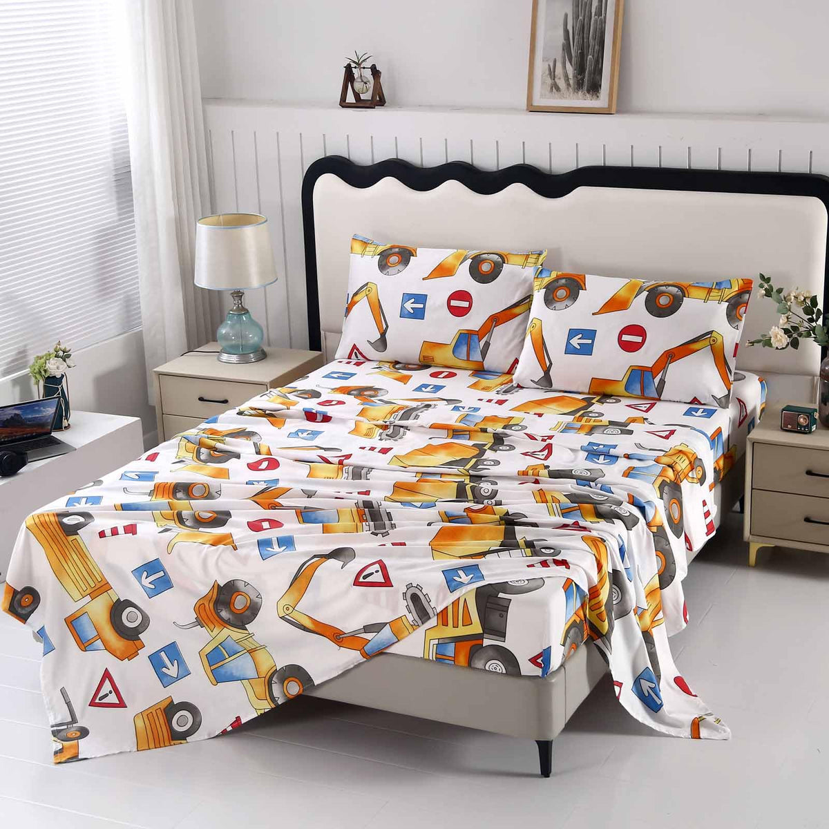 SDY 4 Pieces Construction Sheets Queen,Cozy Construction Sheets for Boys Girls Kids Cars Sheet Set Included 1 FittedSheet with 14'' Deep Pocket + 1 Top FlatSheet + 2 Pillowcases