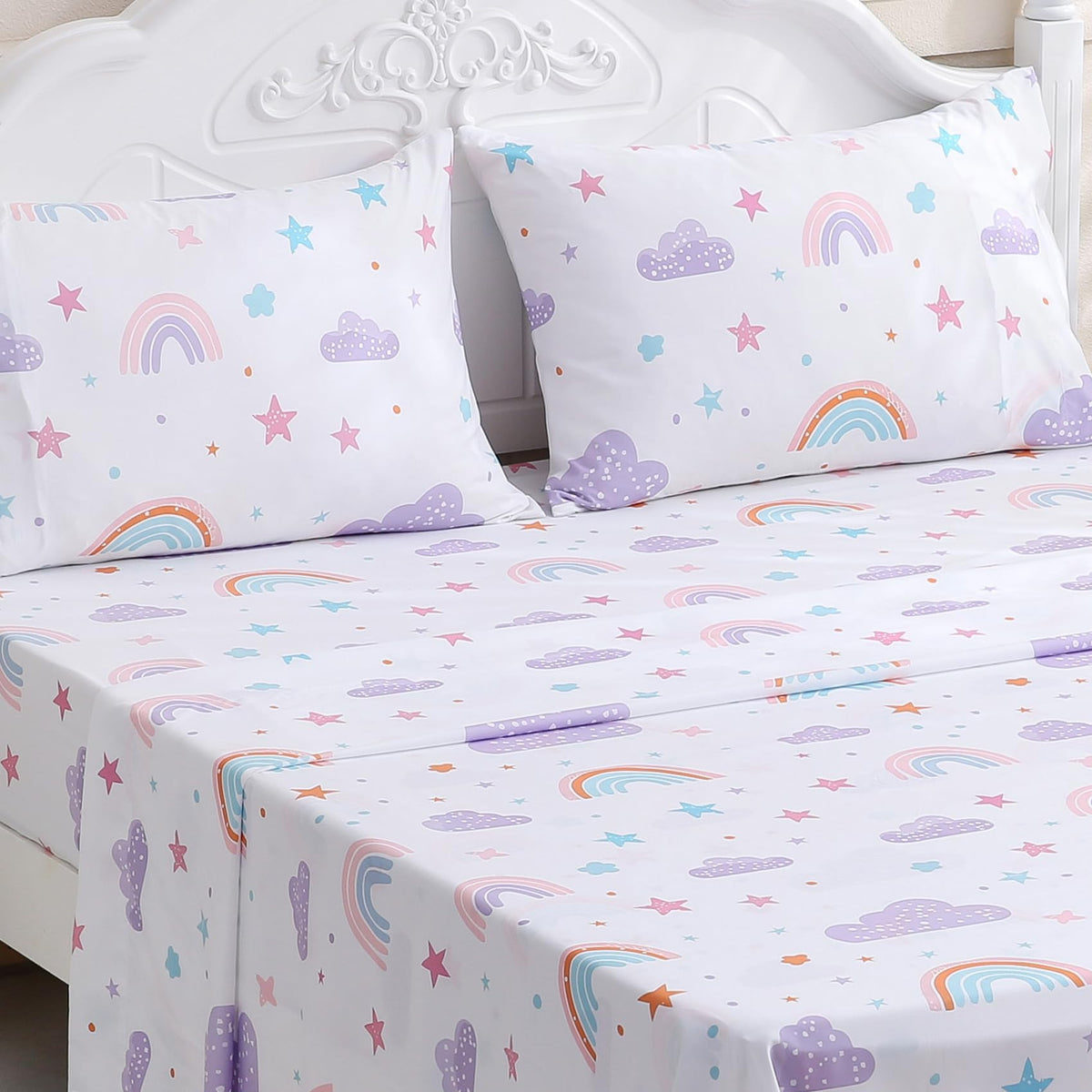 Ocharo Twin Size Rainbow Sheets Set for Girls-Kids 3 Pieces Rainbow Twin Bed Sheets - Deep Pocket Wrinkle Free,Breathable Stars Printed Bedding Sets for Toddlers,Purple Pink