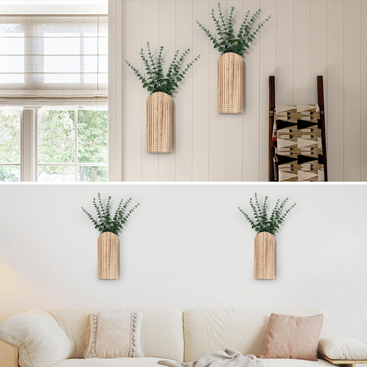 Wooden Wall Planter Vase Set of 2, Boho Hanging Planter for Indoor Plants & Flowers, Natural Wood Wall-Mounted Planters for Art Home Decor - Living Room, Bedroom, Bathroom, Patio (Natural Wood)