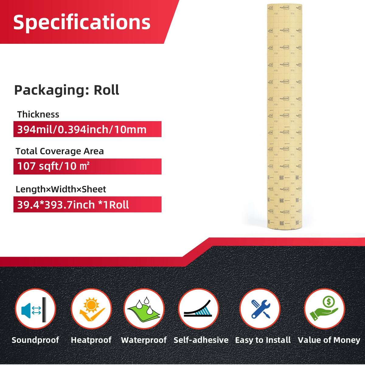 AggSound Sound Deading Material for Cars, 394mil(10mm) 107.64sqft Sound Deadening Mat - Automotive Noise Insulation and Vibration Dampening Material Foam for Auto Audio, Door, Roof, Floor and Trunk