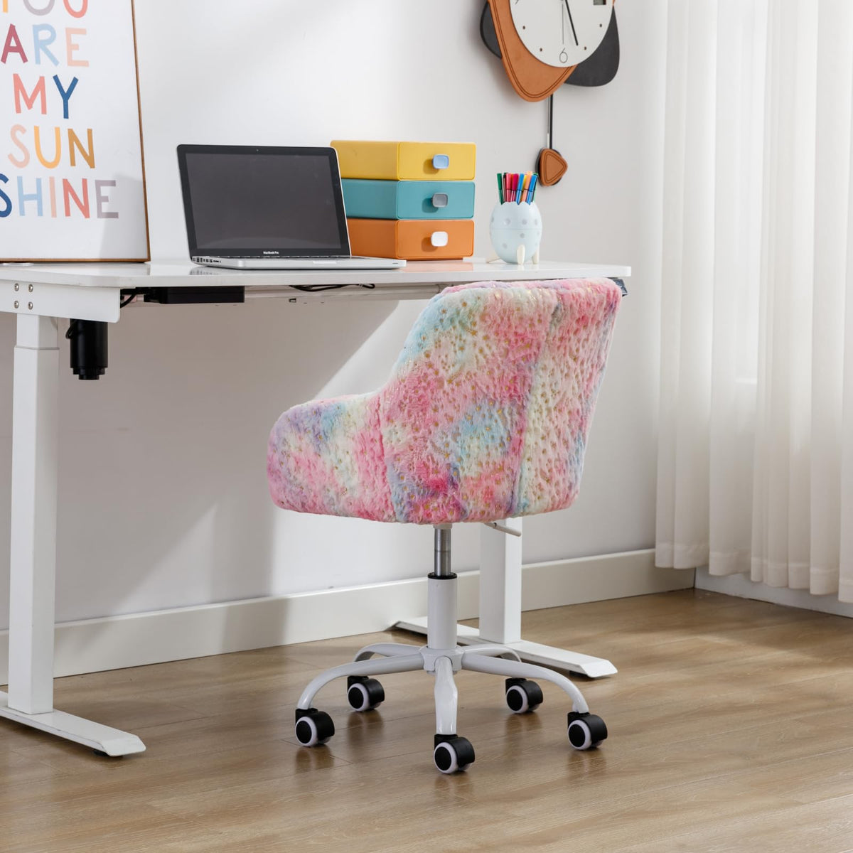 Ya-Home Kids Desk Chair Cute Swivel Reading Chair, Upholstered Adjustable Faux Fur Study Chair with White Wheels for Reading Room Bedroom, Colorful