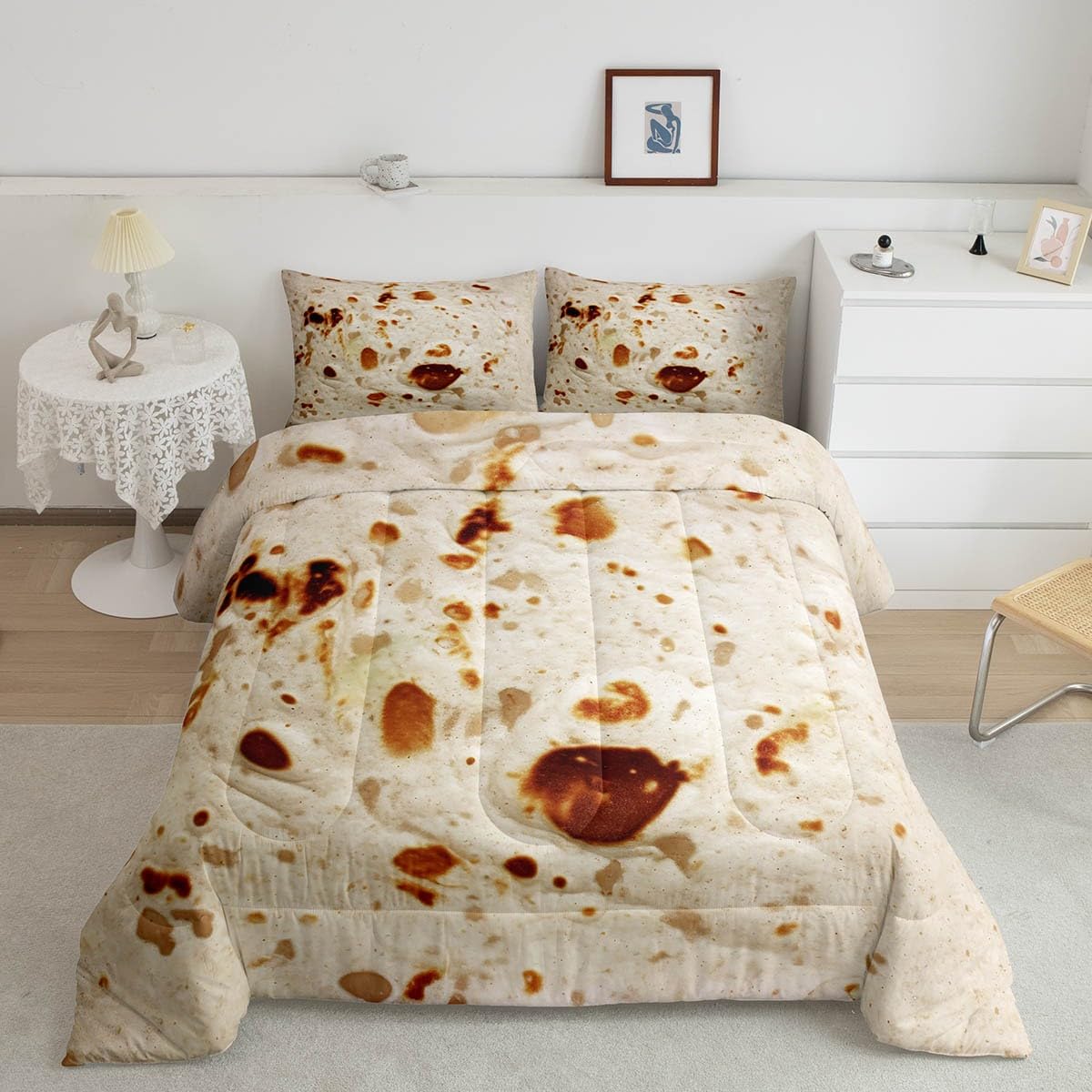 Feelyou Burritos Tortilla Bedding Set for Adult and Kids Ultra Soft Giant Funny Realistic Food Comforter Set Set Breathable Novelty Soft Flannel Taco Comforter Twin Size Quilted