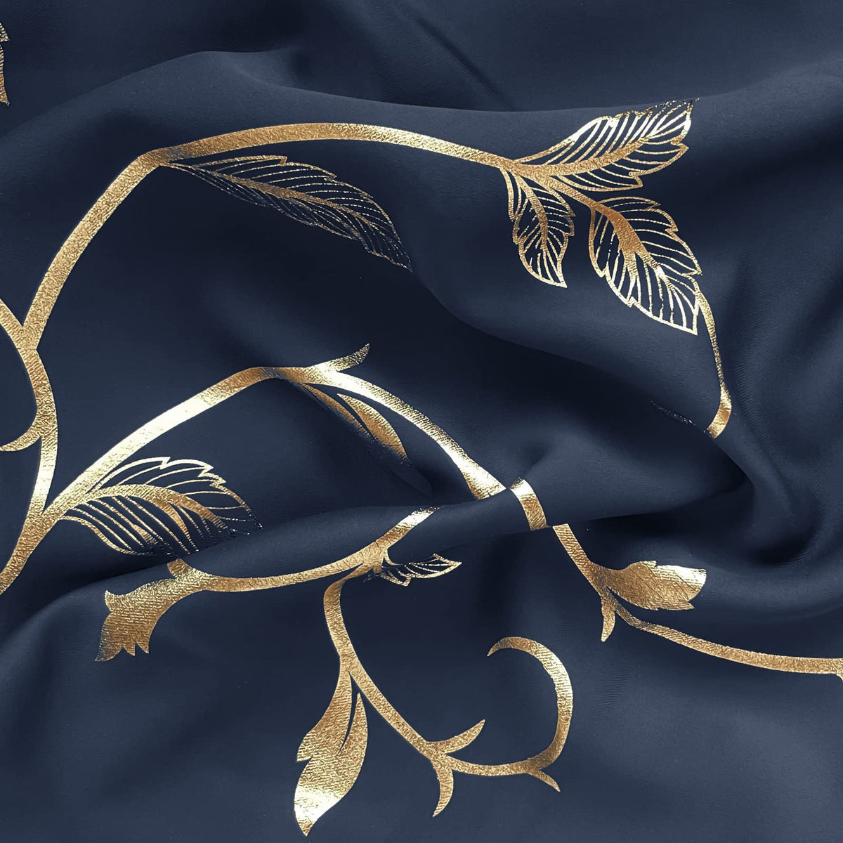 BUHUA Blackout Curtains Gold Foil Print Flower Vine Grommet Drapes, Room Darkening Thermal Insulated Curtains for Bedroom, Navy Blue, 52Wx96L, 2 Panels
