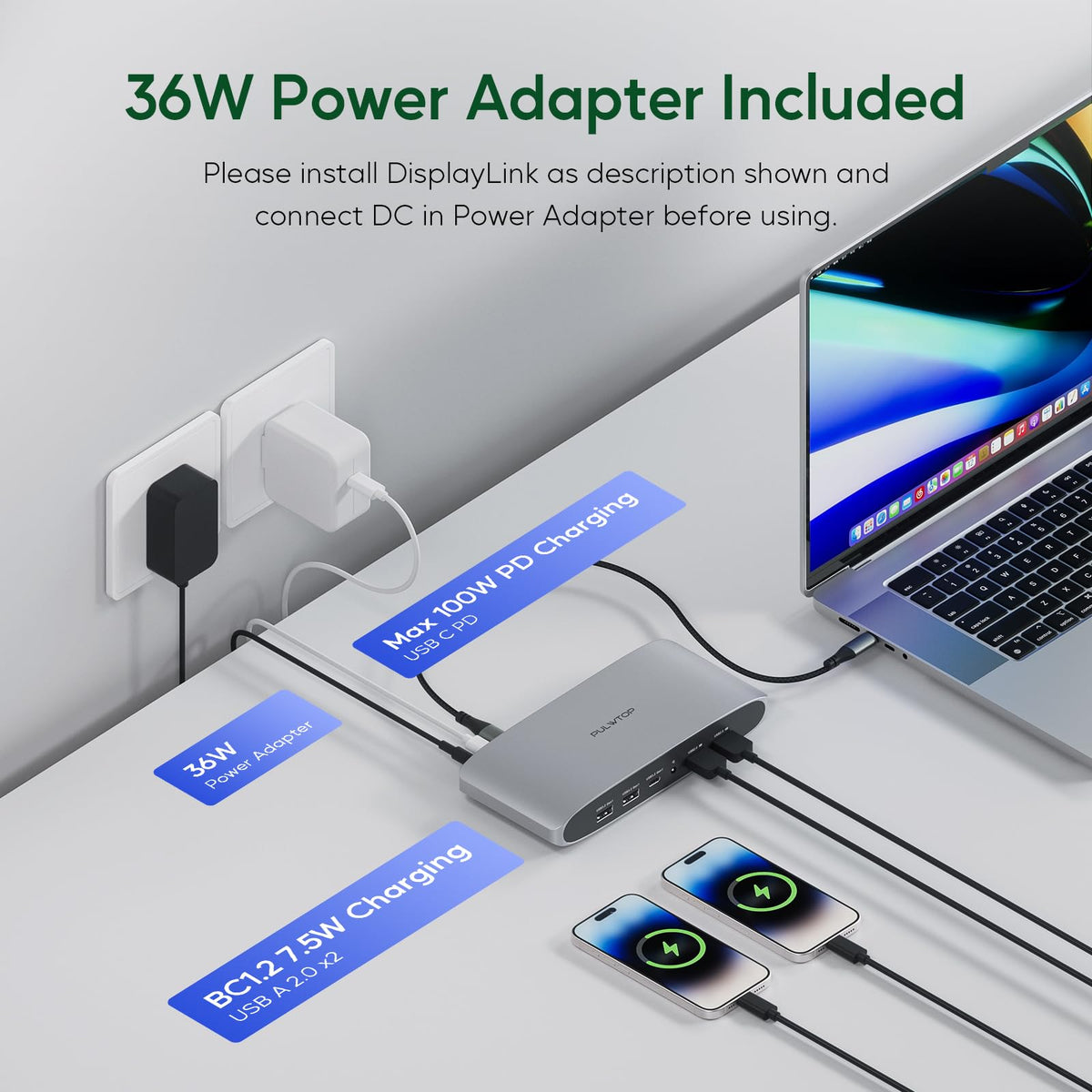 PULWTOP Displaylink Docking Station, Triple Display DisplayLink Dock for MacBook M1/M2/M3 Windows, 4K@60Hz Laptop Docking Station with 2 HDMI, 2 Display Port, PD, USB C Data, 4 USBA, Ethernet, Audio
