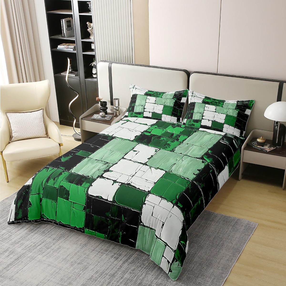 jejeloiu Green Black Abstract Duvet Cover 100% Cotton Geometric Minimalist Square Bedding Set King Size for Kids Boys Girls Modern Abstract Art Comforter Cover（No Comforter）