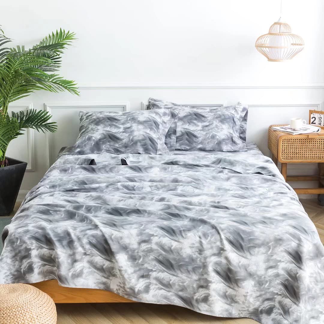 Queen Size Sheets Set 4PC - Soft Cooling 1800 Thread Count Micro Printed Sheet, 8 - 17 Inch Deep Pocket Breathes Better, Hypoallergenic, Wrinkle, Machine Washable Grey Marble Patterned Double Bedding