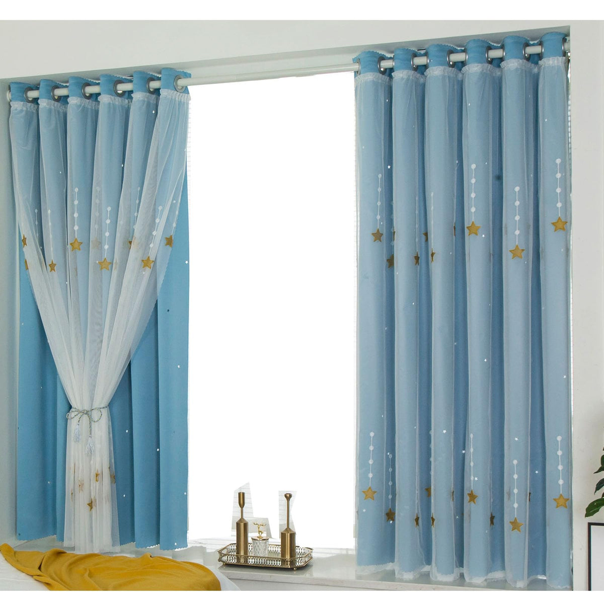 Blue Shooting Star Pattern Living Room Bedroom Blackout Insulated Double Layer Curtains for Girls Bedroom Kids Room Decor(47" W x 66.9" L)