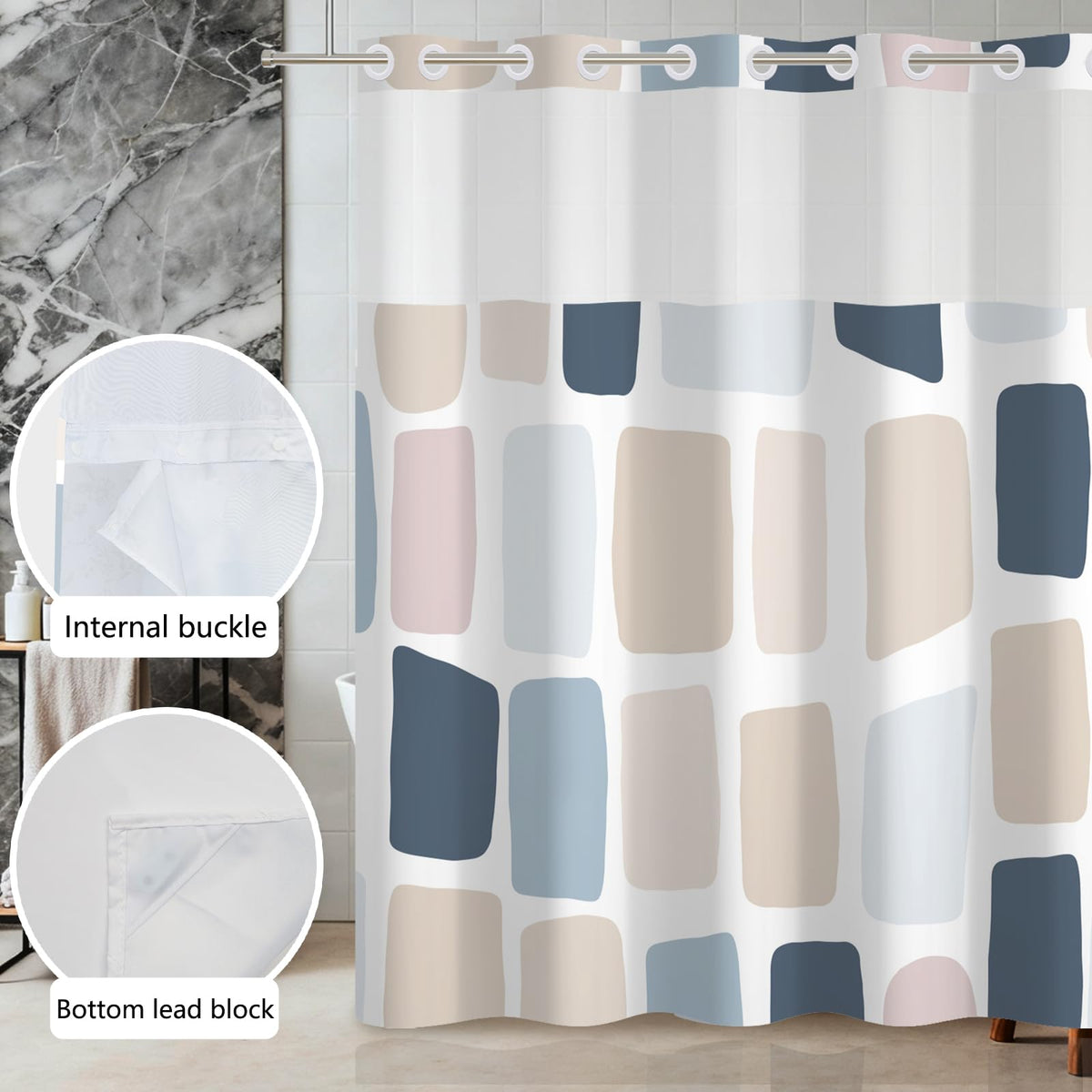 Xiazhilaio No Hook Geometry Shower Curtain with Liner 71 x 74 Inch - Blue and Yellow Modern Abstract Pattern, Waterproof Fabric Bath Curtain with Mesh Top for Minimalist and Modern Bathroom Decor