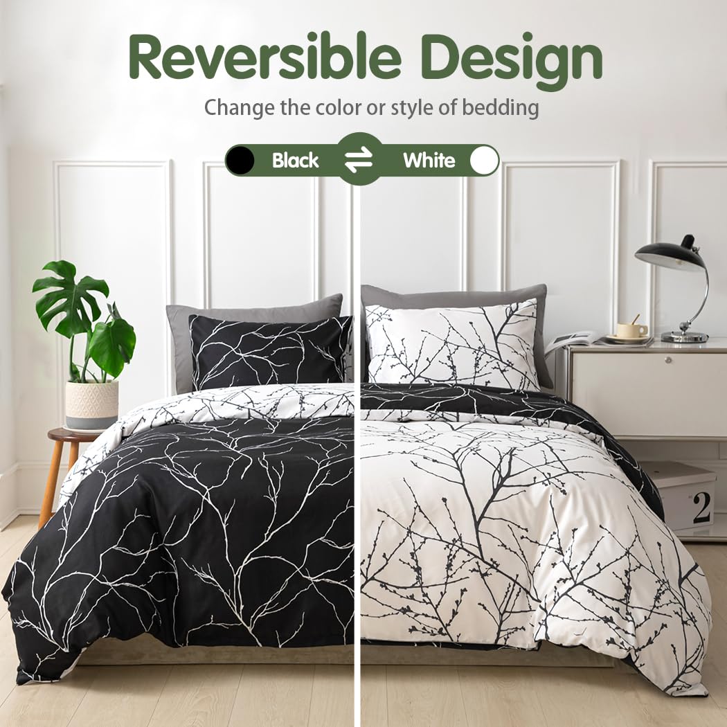 Lekesky Reversible Duvet Cover Queen Size, Black Branch Comforter Cover Queen 3pcs Microfiber Botanical Bedding Set with Zipper Closure Corner Ties