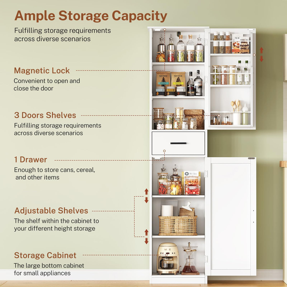 TEENFON Tall Storage Cabinet with 3 Door Shelves & 1 Drawer, Narrow Kitchen Pantry Cabinet for Living Room, Bathroom, Entryway, White