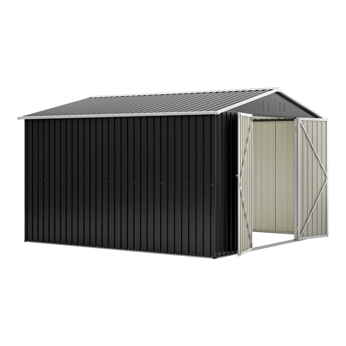 10'x10' Galvanized Steel Storage Shed with 4 Top Air Vents, Lockable Double French Door Large Garden Tool Shed, Black