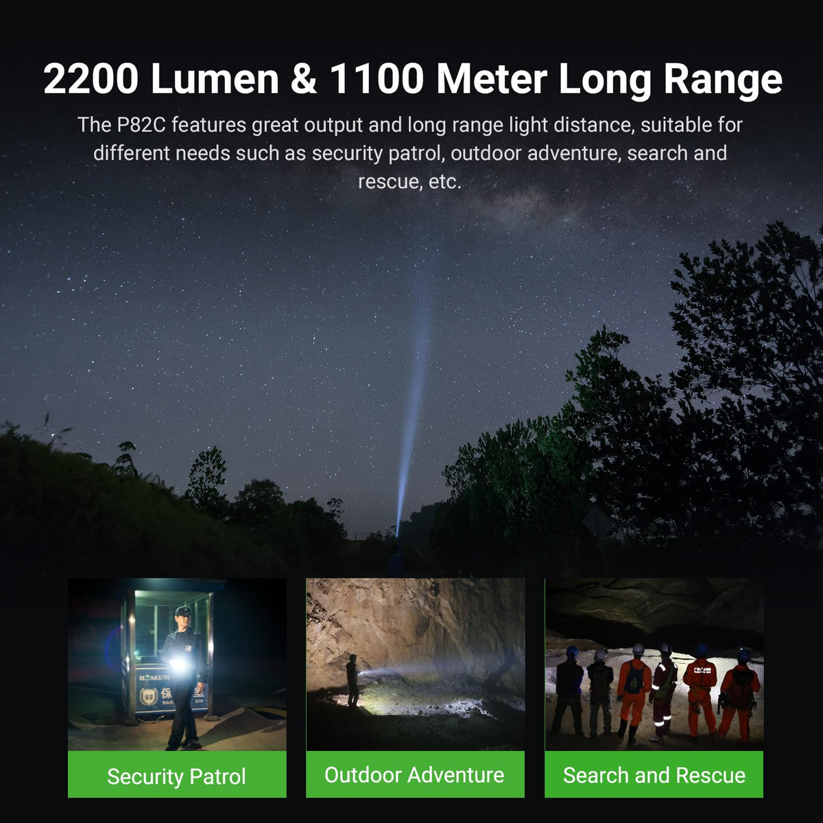 NEXTORCH P82C Long Range LED Flashlight, 2200 Lumens Handheld Torch Ultra Bright, 1100 Meters Beam Distance Searchlight with Nano-Ceramic Bezel, USB-C Rechargeable for Security Patrol, Outdoor, Rescue