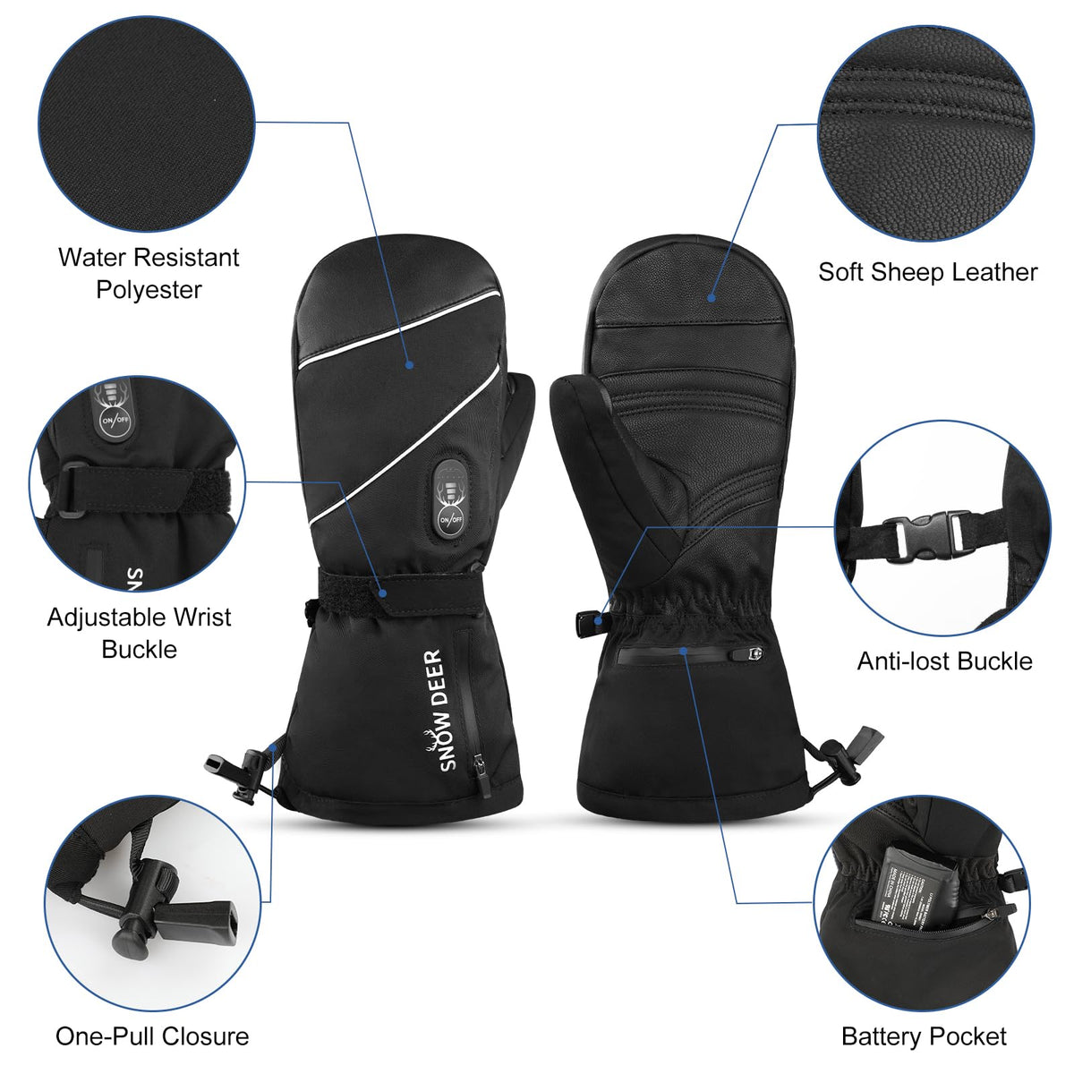 SNOW DEER Heated Mittens Gloves for Men and Women, 7.4V 2200MAH Electric Rechargeable Battery Ski for Winter Skiing Skating Snow Camping Hiking Heated Arthritis Hand Warmer Gloves(M)