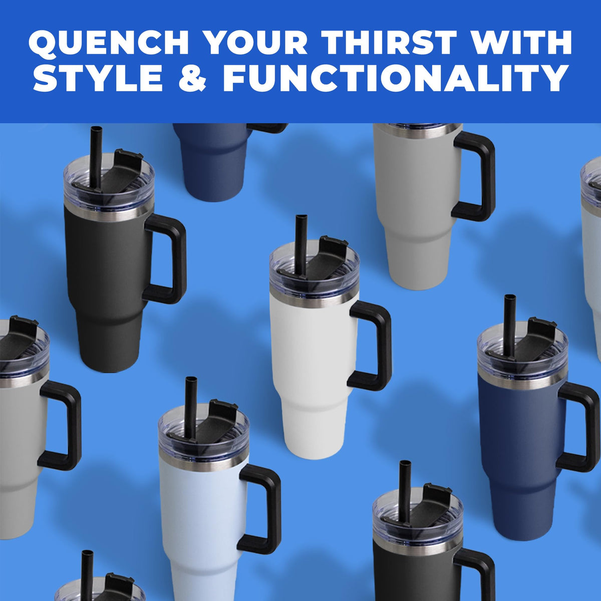Gifts by Design 10 Ct of 40 Oz Intrepid Stainless Steel Tumbler with Lid, Straw & Handle – Gray – Customizable Insulated Cups for Water, Coffee, Hot & Iced Drinks – Great for DIY, Events, Work