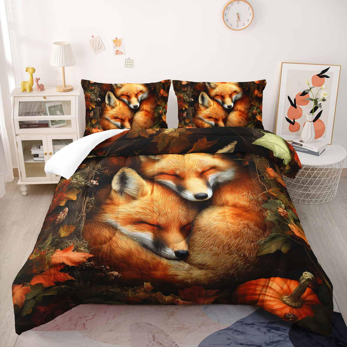 Nttopship Fox Comforter Set 3-Pieces Full Size,Cute Foxes Bedding Set for Kids Boys Girls Cute Animal Comforter Wildlife Quilt Set 3D Animal Plants Leaves Printed ThemeComforter with 2 Pillowcases
