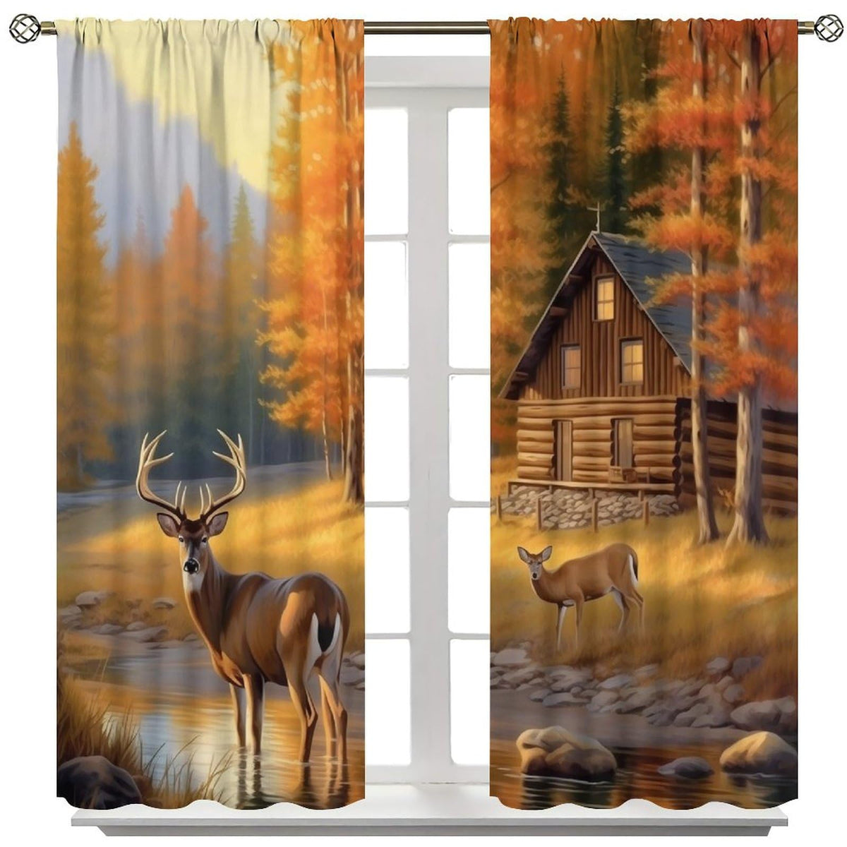 AAVEUP Deer Curtains for Bedroom,Vintage Rustic Fall Hunting Farmhouse River Cabin Elk Wildlife Window Drape for Boys Girls Living Room Farmhouse Cottage 42x45in（No Blackout）