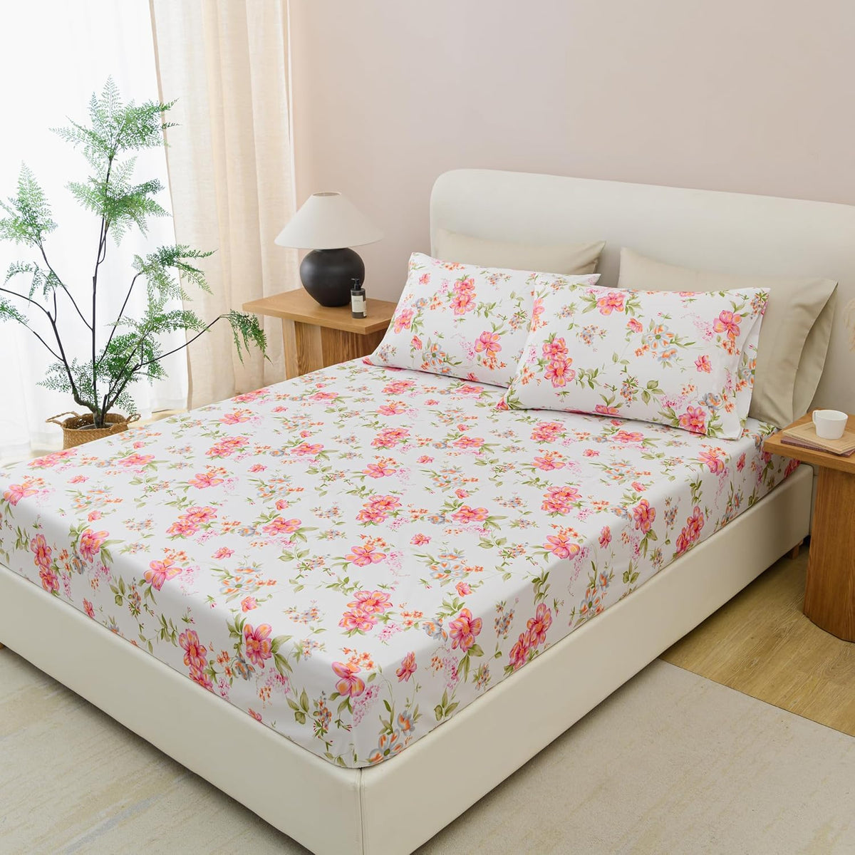 Spirit Linen Home 6-Piece Queen Size Bed Sheet Set - Deep Pocket, Floral Print Design, Soft and Breathable Bed Sheets, Microfiber Material, Includes 1 Fitted, 1 Flat, 4 Pillowcases - Pink/Green Floral