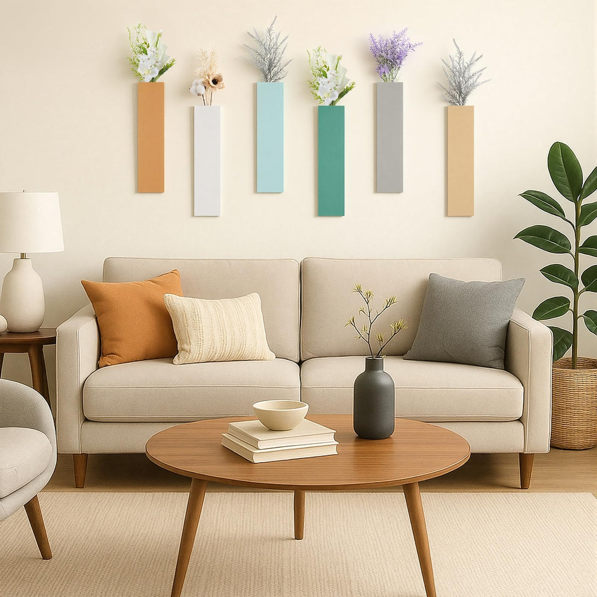 Chunful 6 Pcs Wood Boho Wall Planter Hanging Vertical Wall Vases for Indoor Plants Dried Flowers Faux Greenery Rustic Bohemian Home Decor for Living Room Hallway Office Bedroom Bathroom Apartment