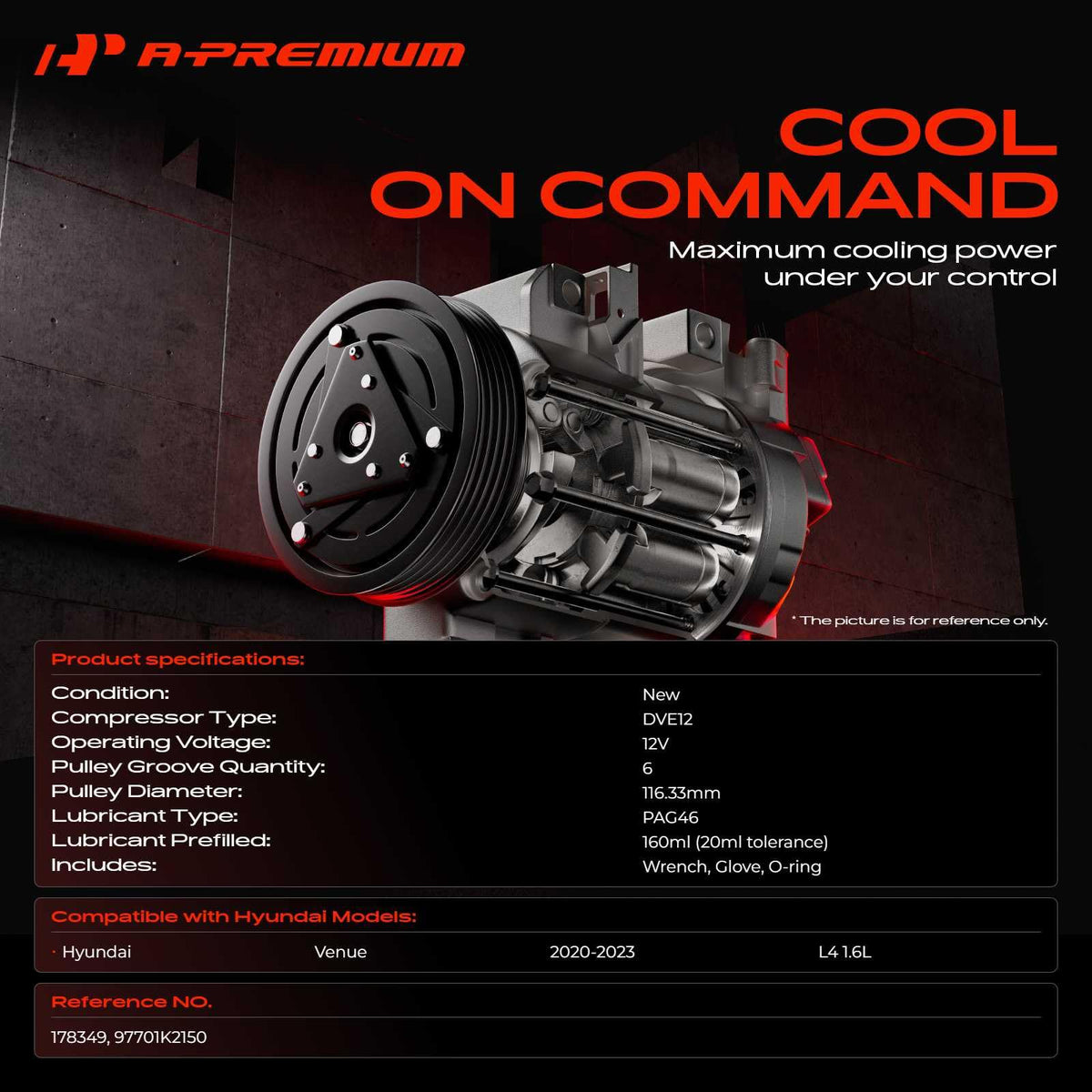 A-Premium Air Conditioner AC Compressor with Clutch Compatible with Hyundai Venue 2020 2021 2022 2023, 1.6L, With DVE12 Compressor, with 6-Groove Pulley