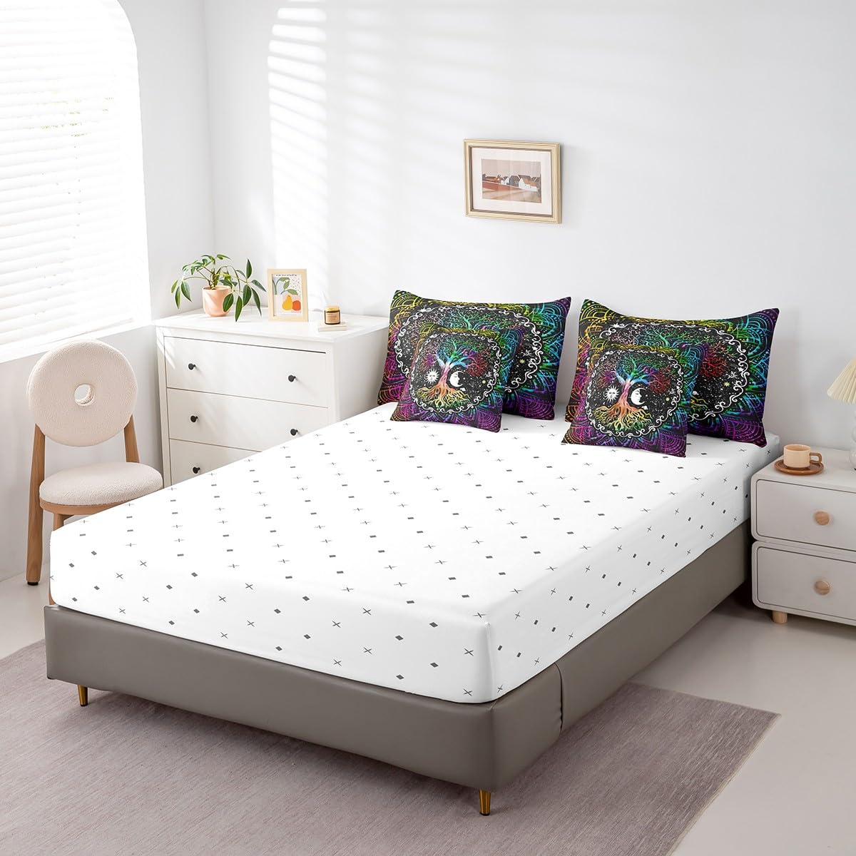 Erosebridal 7 Pcs Tree of Life Comforter Set Twin Size,Sun and Moon Bed in a Bag with Flat Fitted Sheet for Kids and Adults,Boho Mandala Flower Galaxy Bedding Set with Pillowcases and Cushion Cases