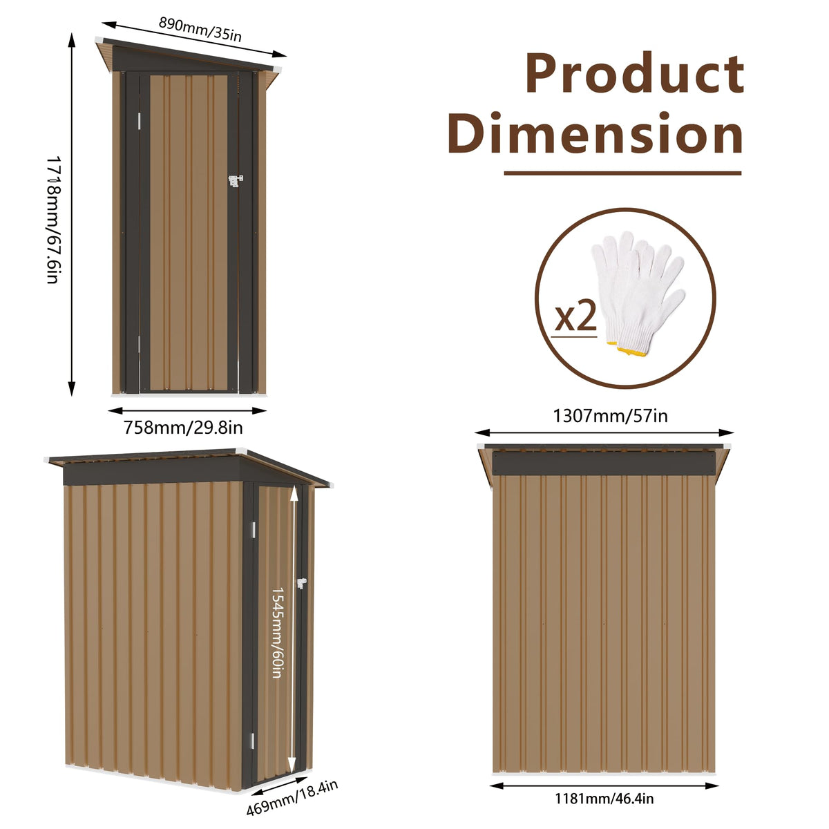 KEIKI 4.27x2.42 FT Lean-to Metal Storage Shed, Outdoor Garden Storage Cabinet w/Pent Roof & Lockable Door, Backyard Storage House w/Side Hinged Door for Patio Lawn Equipment Bike Storage, Brown