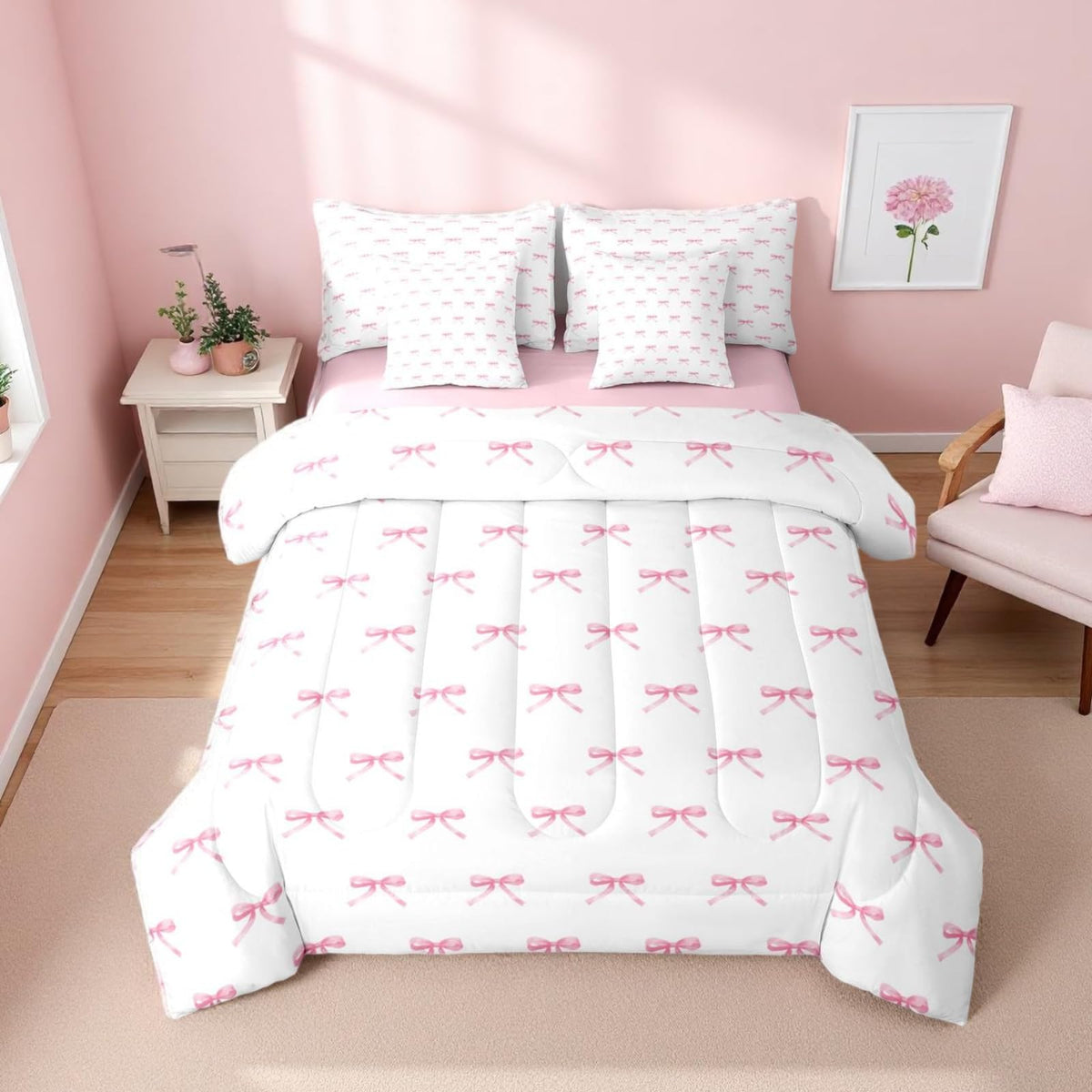 Erosebridal 7 Pieces Pink Bow Comforter King,Kids Cartoon Bowknot Butterfly Knot Princess Bedding Set for Girls,Dreamy Watercolor Ribbons Bow Tie Sheets with Pillowcases + Pillow Covers,Pink White